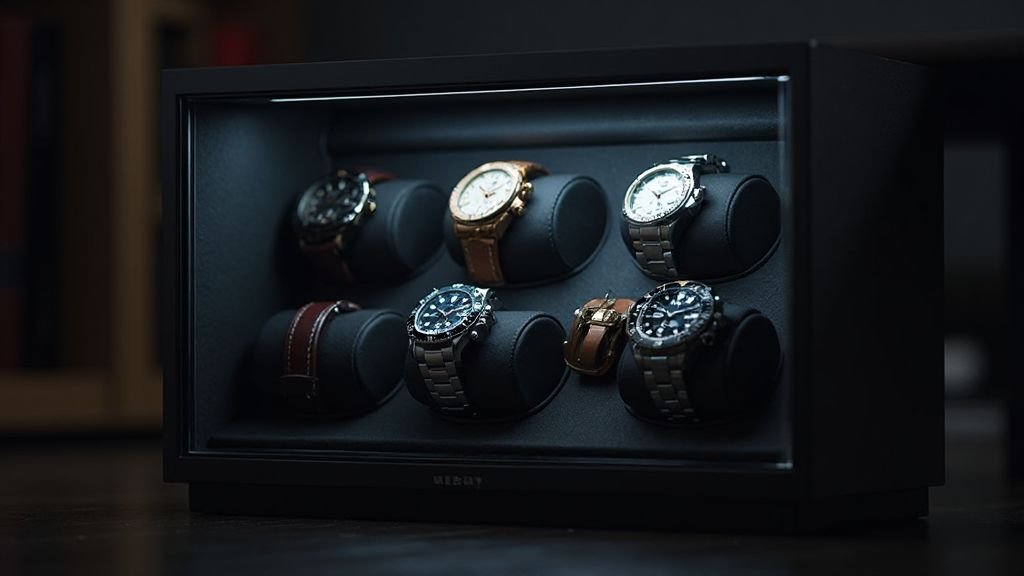 HERE ALT text: Barrington best 4 slot watch winders cabinet with LED lighting turned on