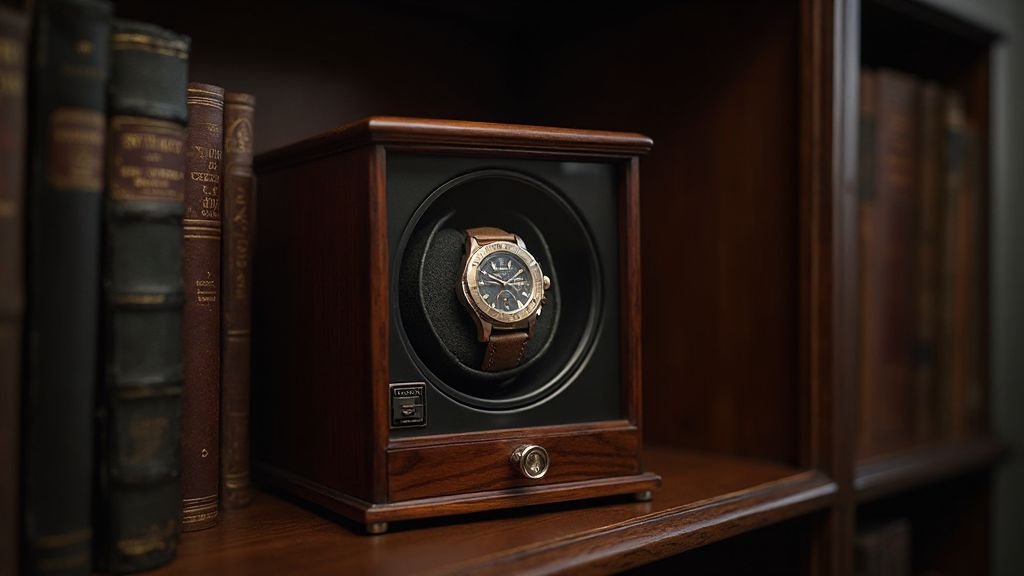  WOLF Heritage best wooden watch winders sitting on a luxury mahogany desk