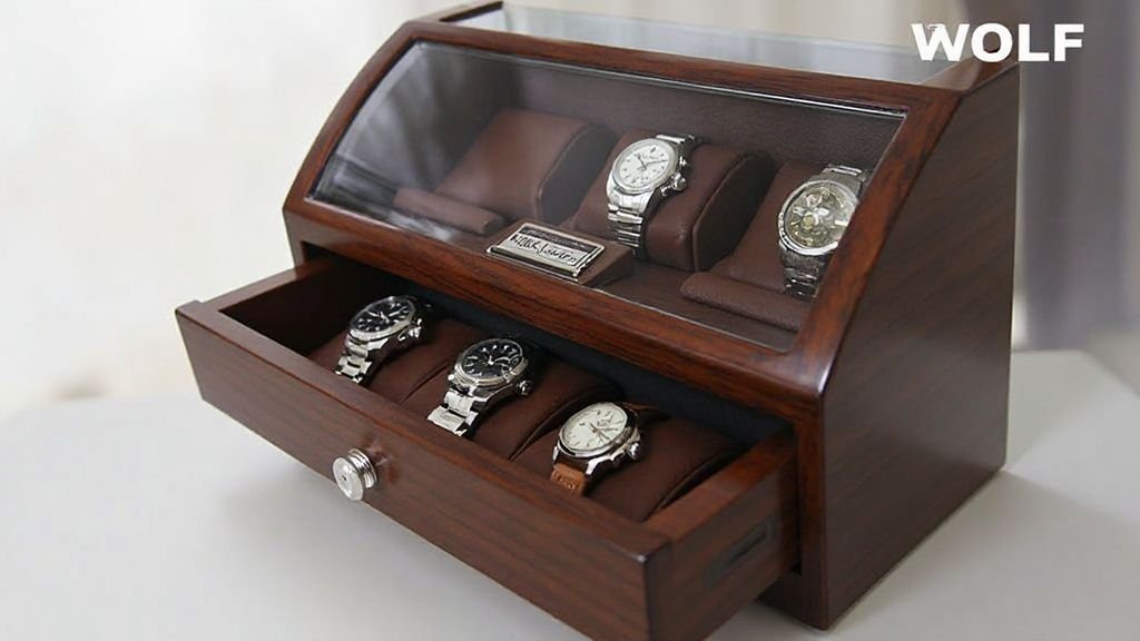  WOLF Windsor best watch winders with storage drawers holding a luxury automatic watch
