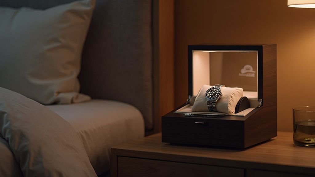 Luxury automatic watch rotating inside premium single watch winder in modern bedroom