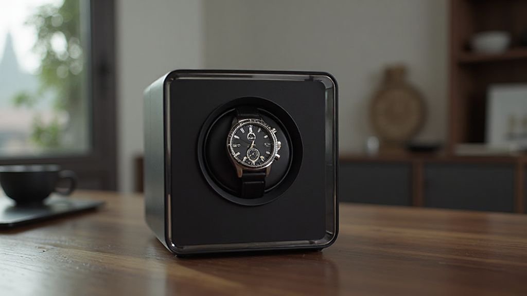  Luxury automatic watch winder holding a stainless steel Rolex-style sports watch in a modern interior setting